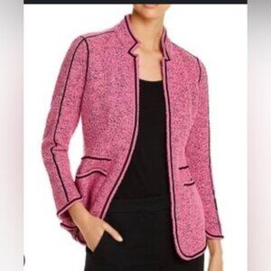 Nic +Zoe Pink Textured Boucle Tweed Blazer Black Piped Fitted Jacket Large